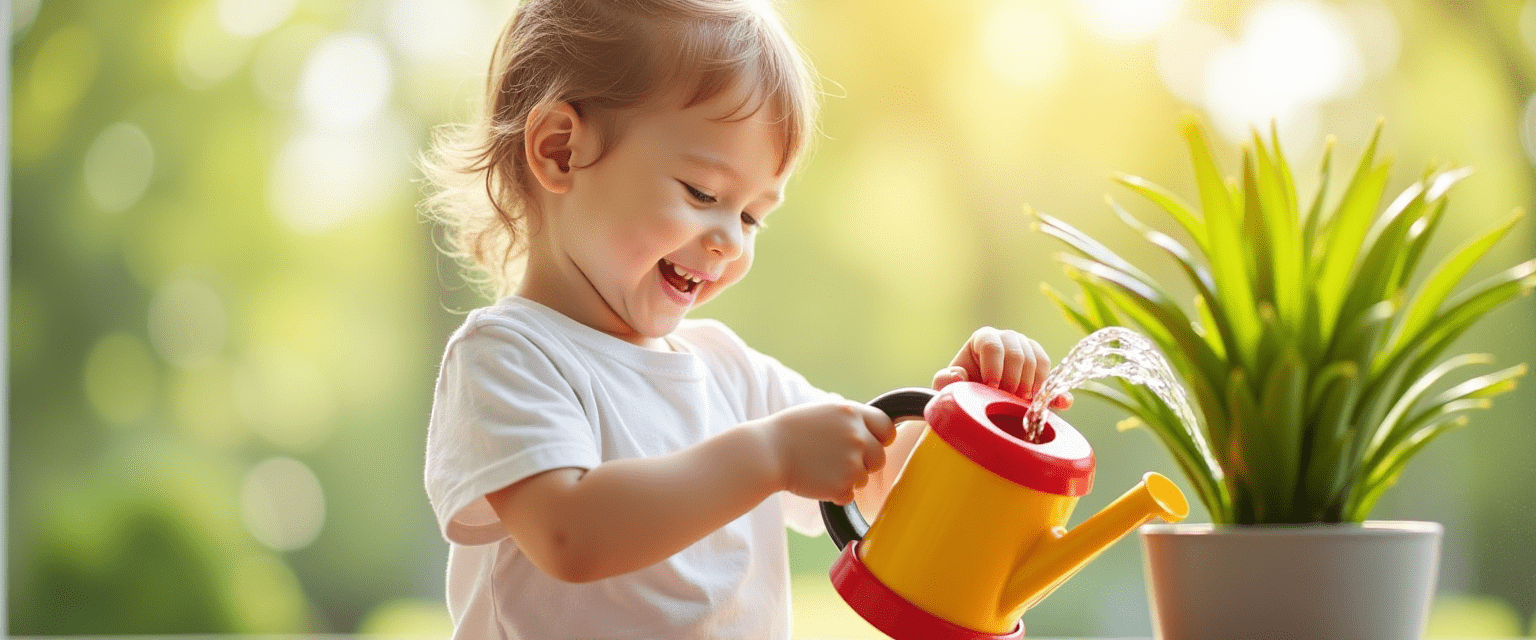 Un enfant qui est en train d'arroser une plante.