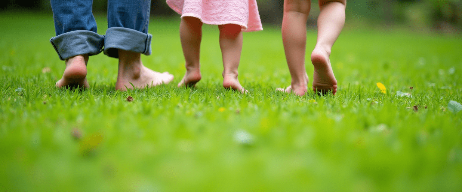 Parent et enfant marchant pieds nus sur l'herbe