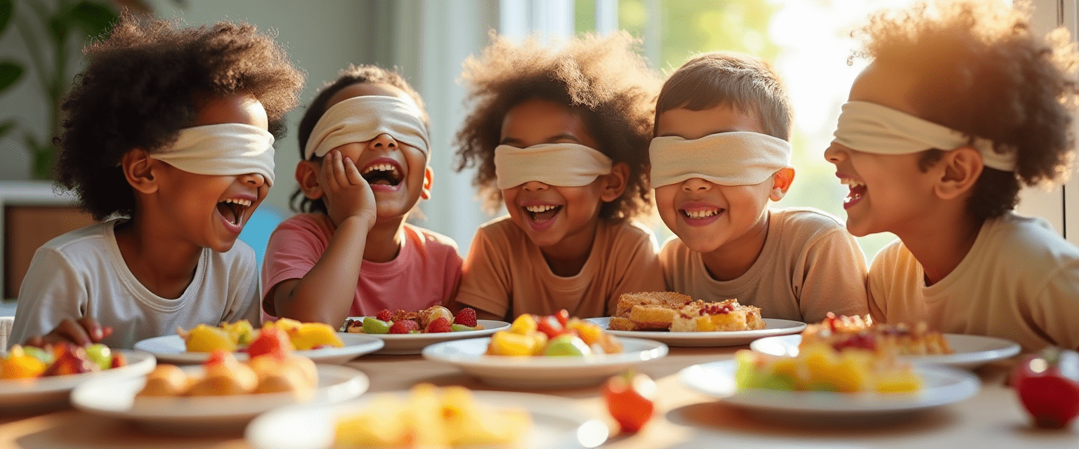 enfants qui sont en train de goûter des plats avec les yeux bandés