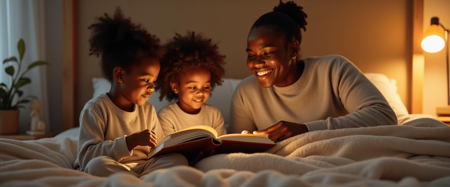 Des enfants racontent une histoire à leur mère avant de se coucher.