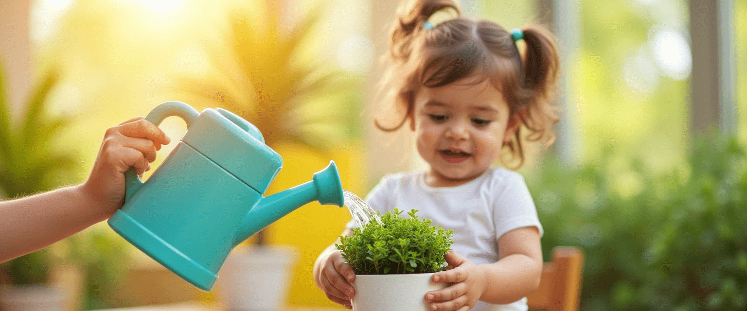enfant en train d'arroser une plante aidé par un adulte.