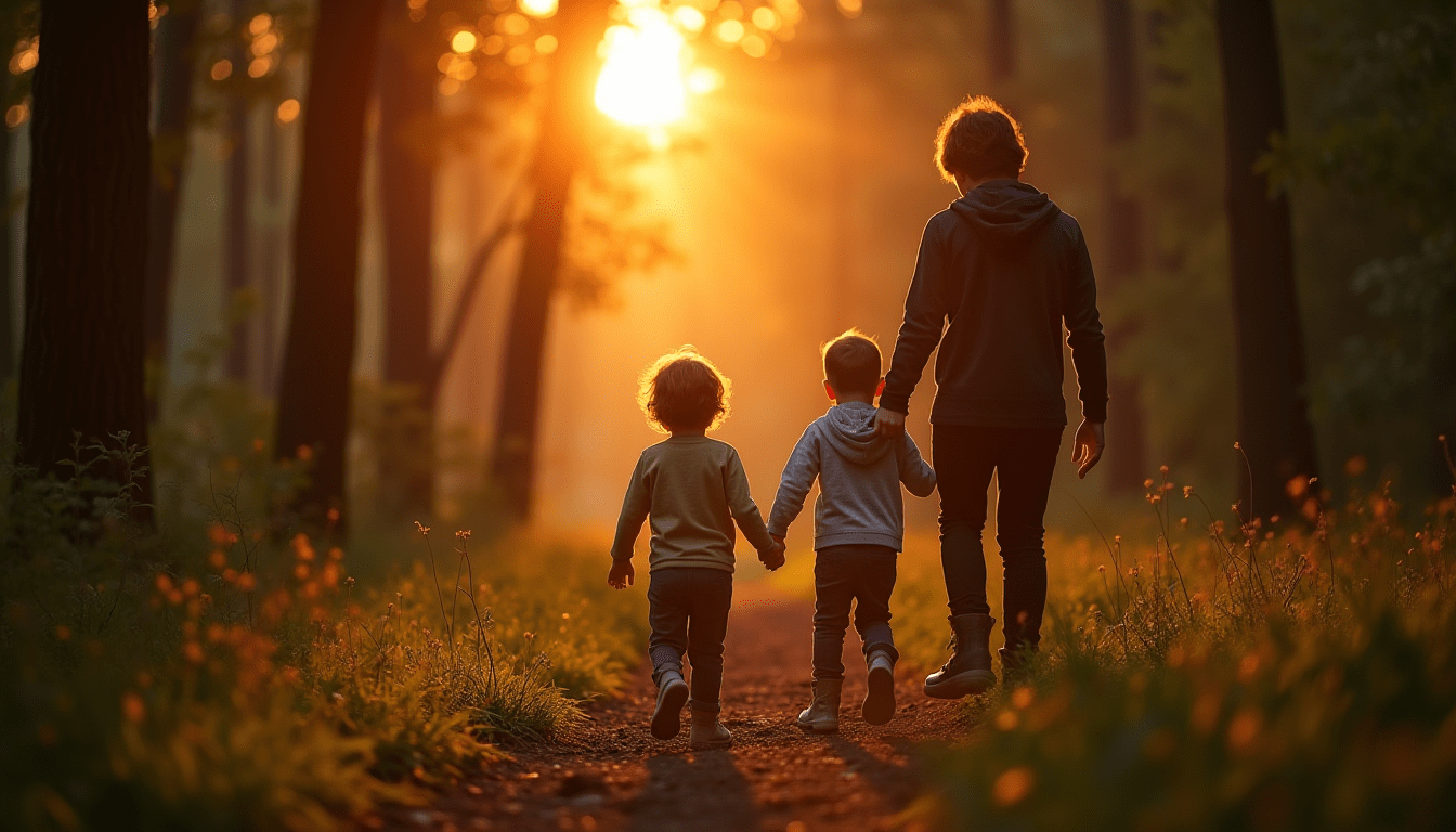 Enfants et parent en train de se balader dans la forêt.