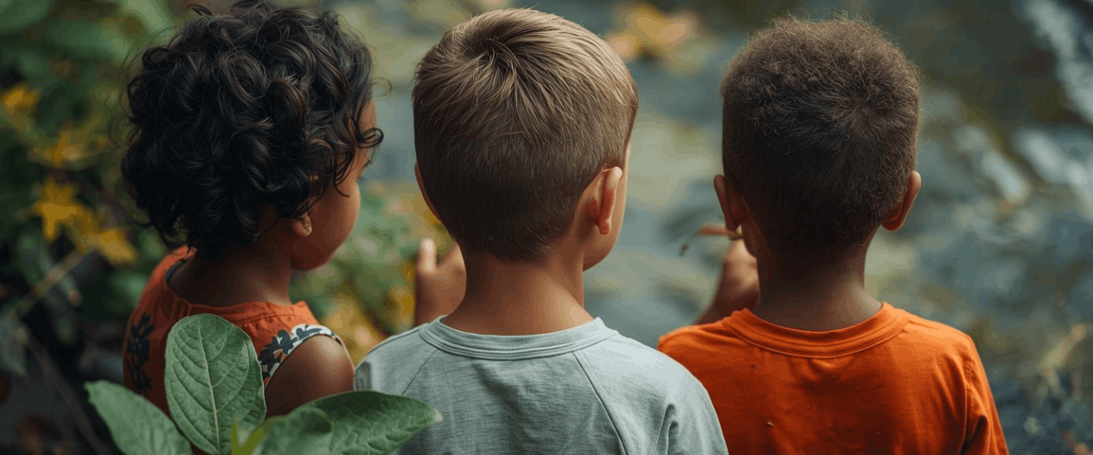 3 enfants observant la nature dans une petite forêt