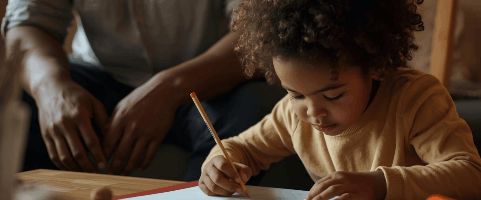 parent qui regarde son enfant dessiner