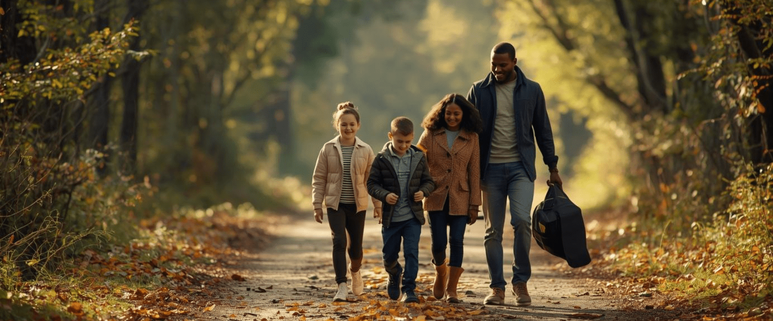 Famille marchant en forêt, enfants avançant à des rythmes différents, illustrant la diversité des façons d’apprendre chez les enfants
