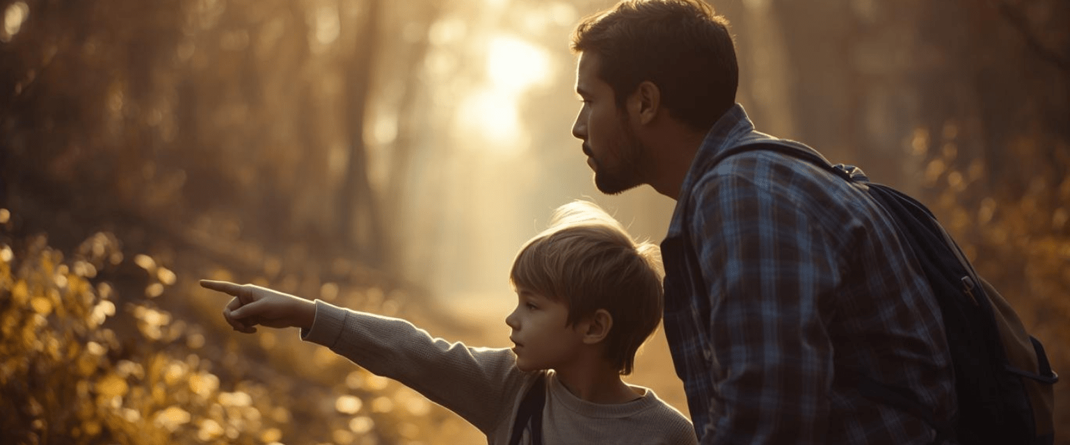 Moment simple entre un parent et un enfant dans la nature, illustrant un apprentissage du quotidien sans pression