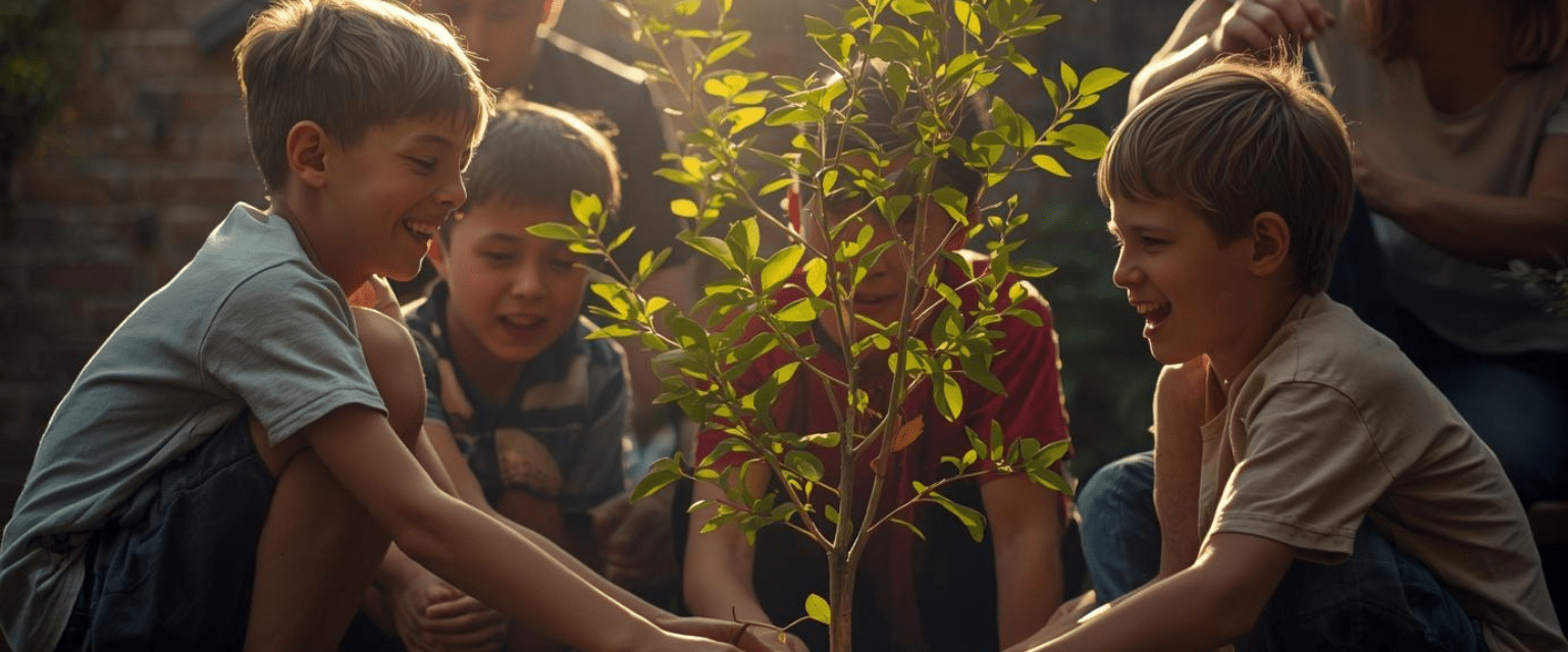Enfants jouant librement dans la nature sous le regard discret des parents, illustrant l’apprentissage par le jeu