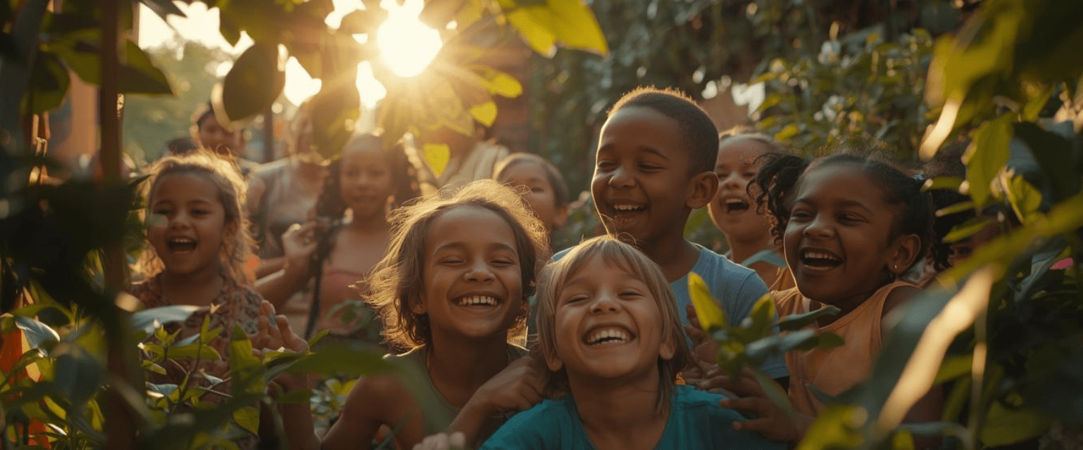 Enfants avançant lentement en forêt, s’arrêtant pour observer, illustrant le respect du rythme des enfants