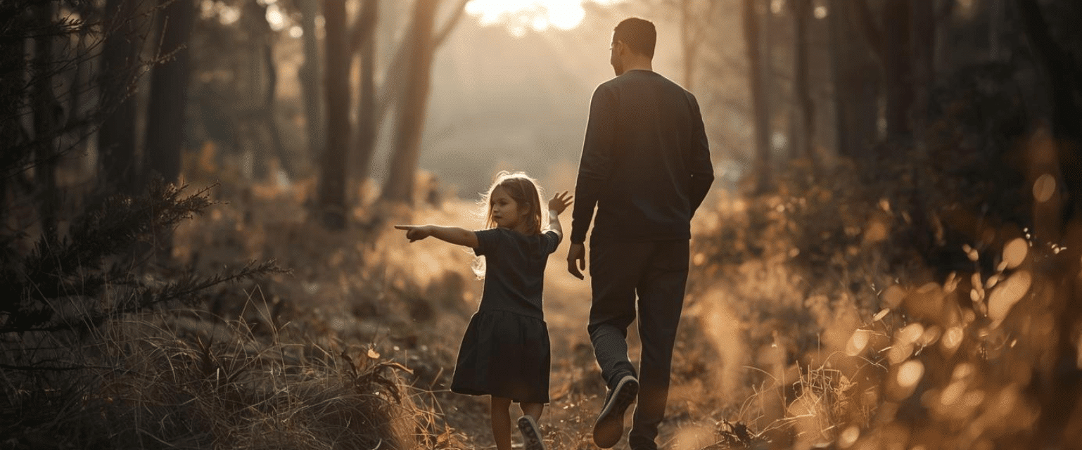 Parent observant calmement son enfant explorer la forêt, illustrant l’accompagnement bienveillant dans l’apprentissage