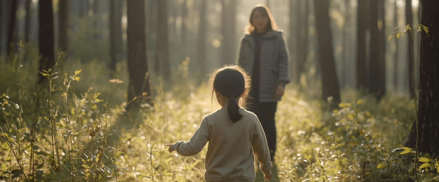 Parent et enfant marchant côte à côte dans la nature, échangeant et apprenant autrement ensemble sans cadre rigide