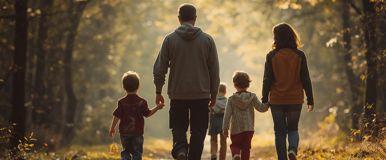 Famille marchant vers la lumière au bout d’un chemin forestier, symbolisant un nouveau départ pour apprendre autrement en famille