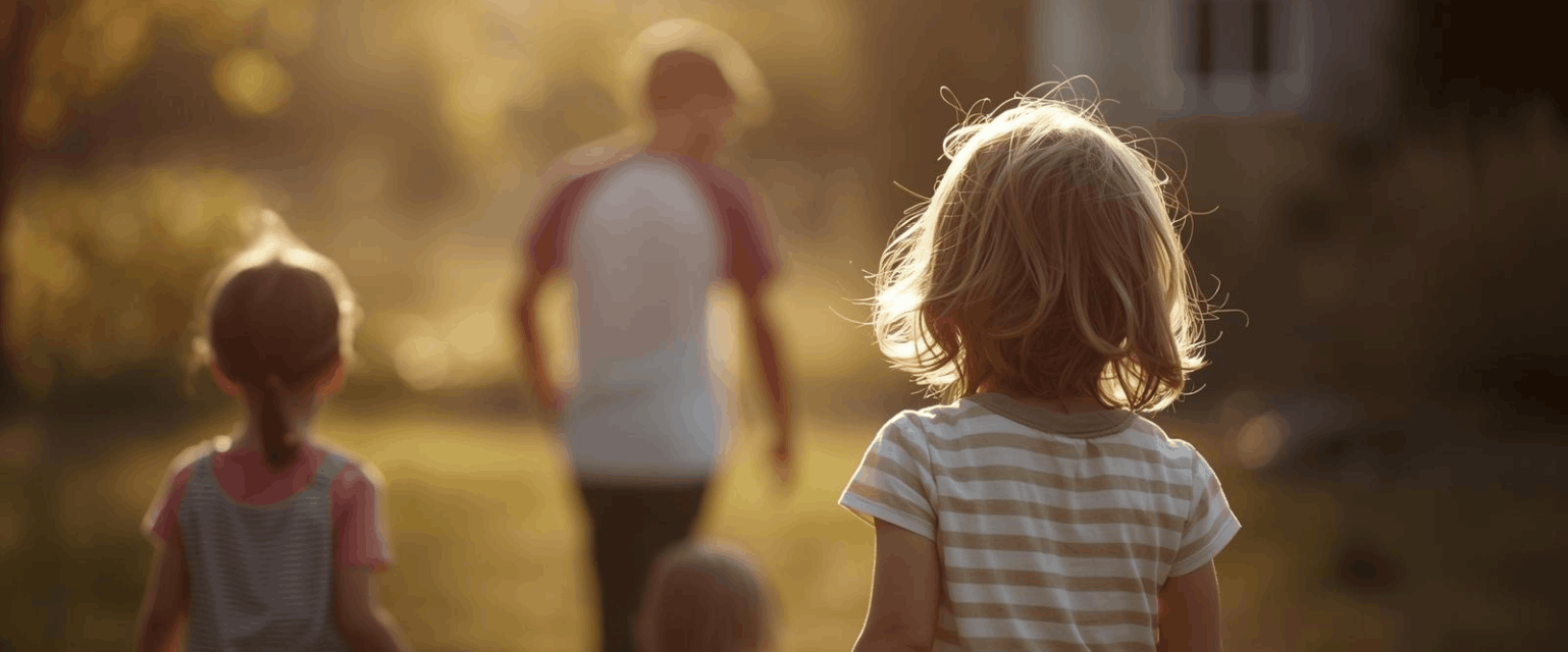Des enfants avec leur parent jouent dans la nature.