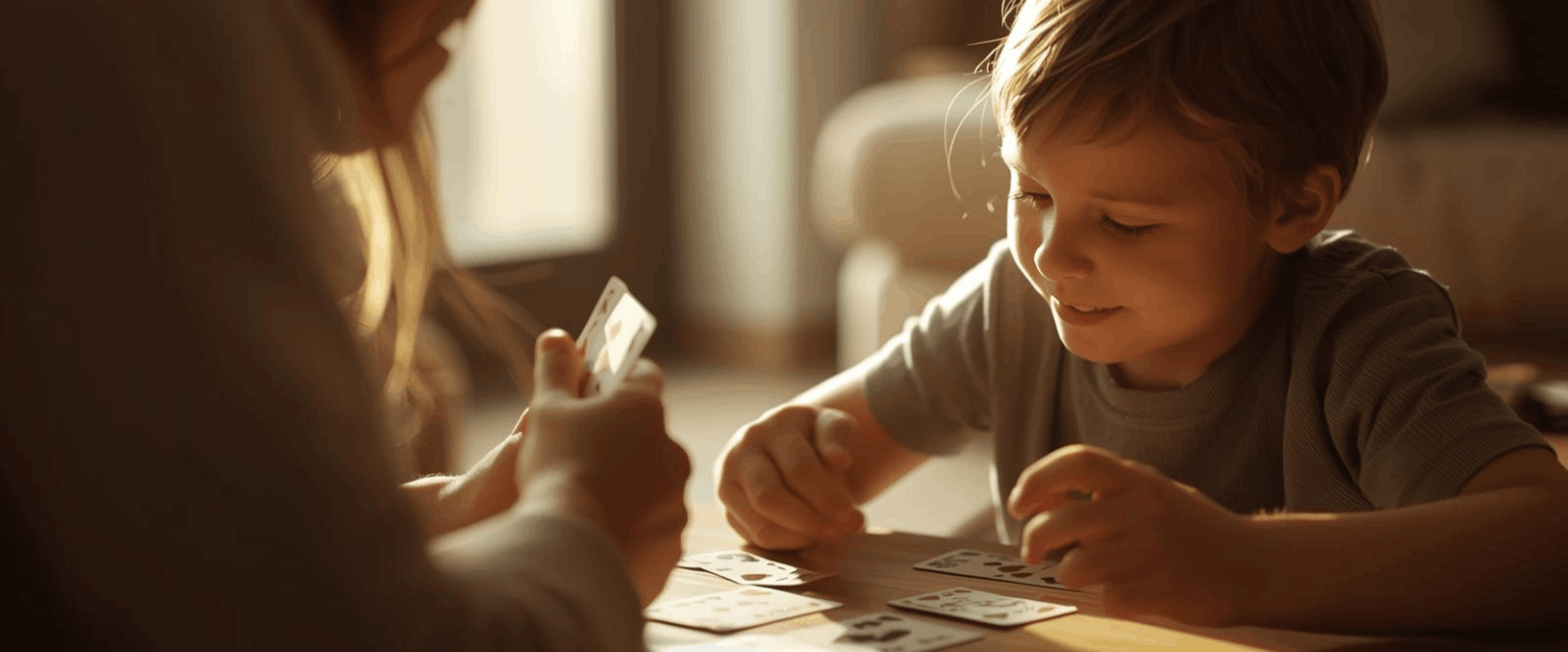 Un parent et son enfant jouent aux cartes ensemble.