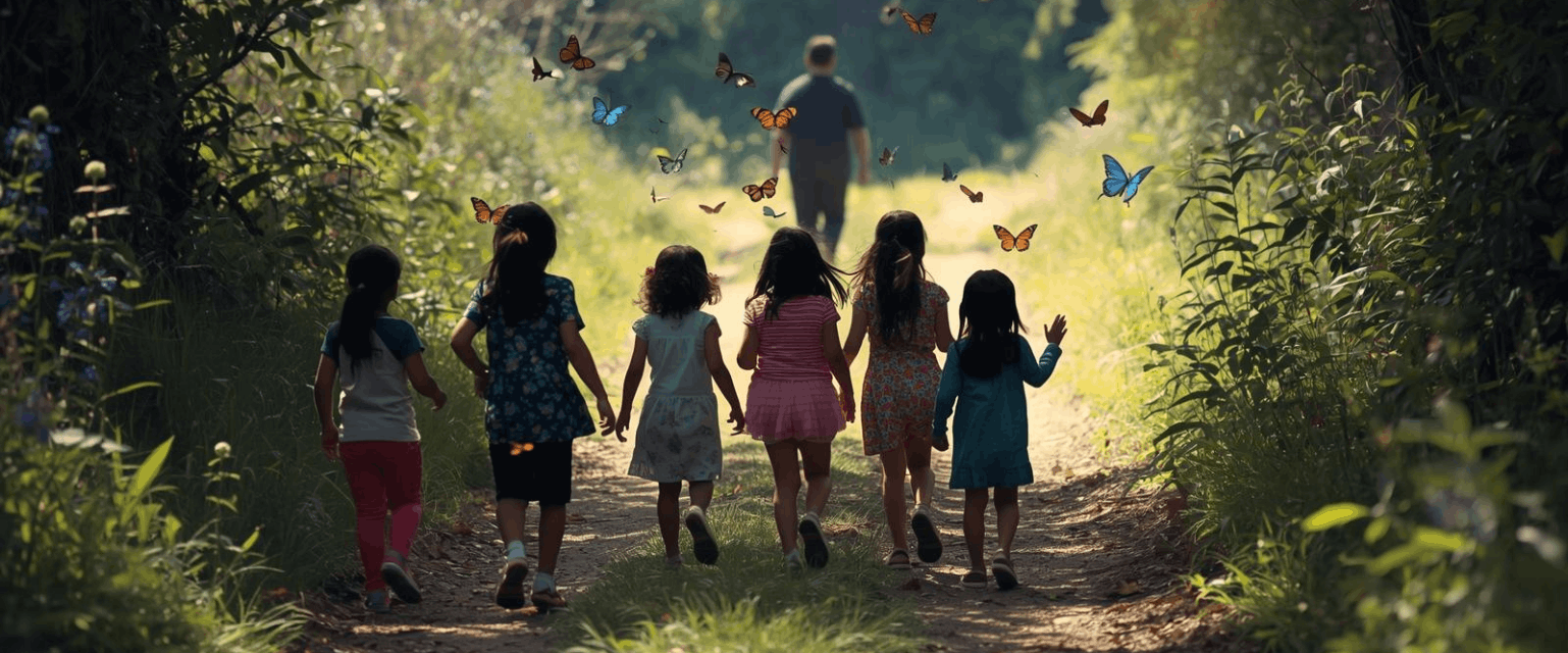 Des enfants marchent ensemble dans la forêt.