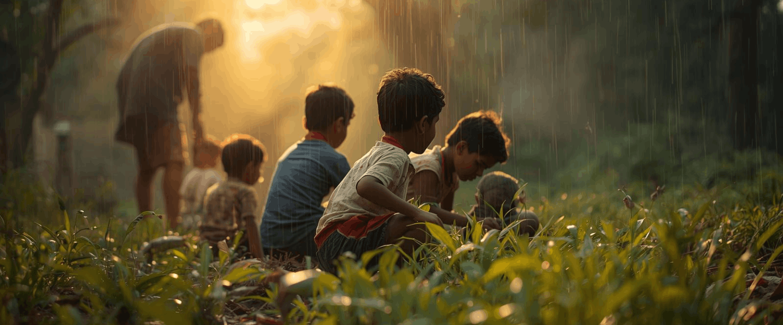 famille avec enfant observant la nature sous la pluie