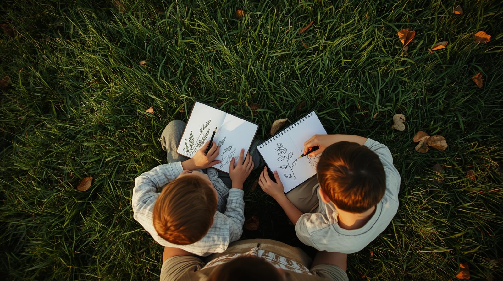 enfant dessinant des plantes dans un carnet d’explorateur