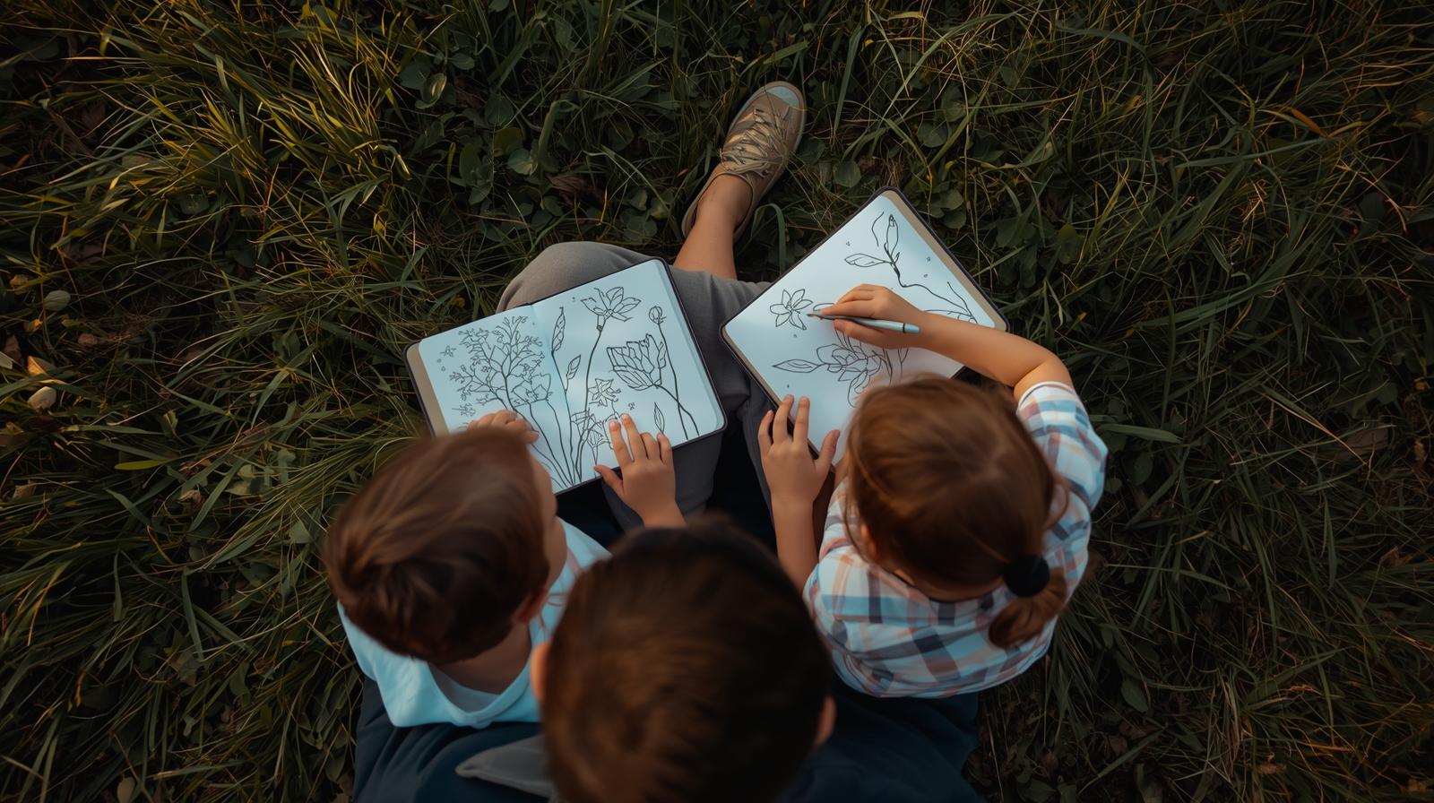 enfant dessinant des plantes dans un carnet d’explorateur