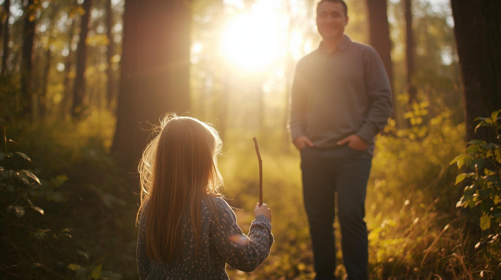 enfant utilisant un bâton comme baguette magique dans la forêt