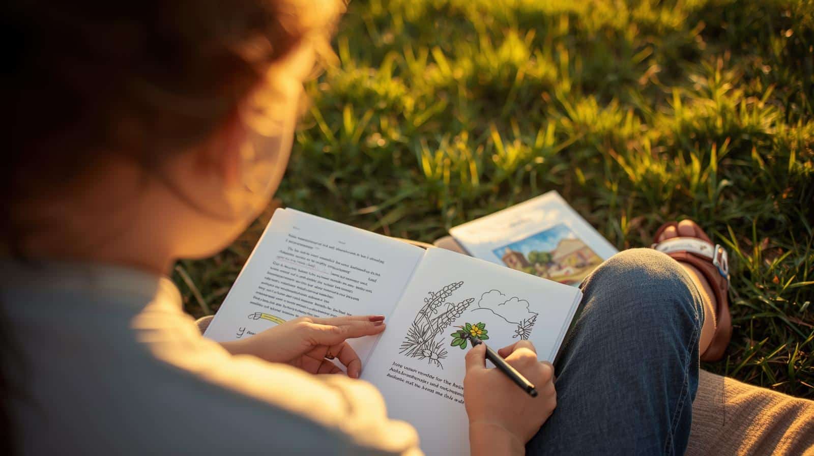 enfant dessinant une feuille dans un carnet nature