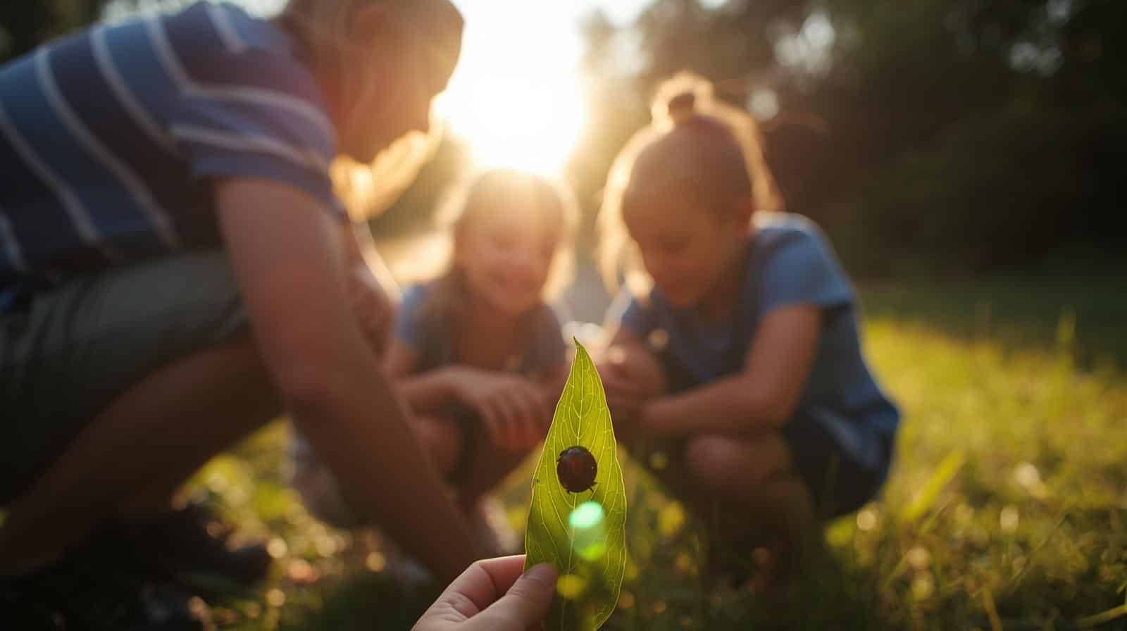 parent et enfant observant une coccinelle sur une feuille
