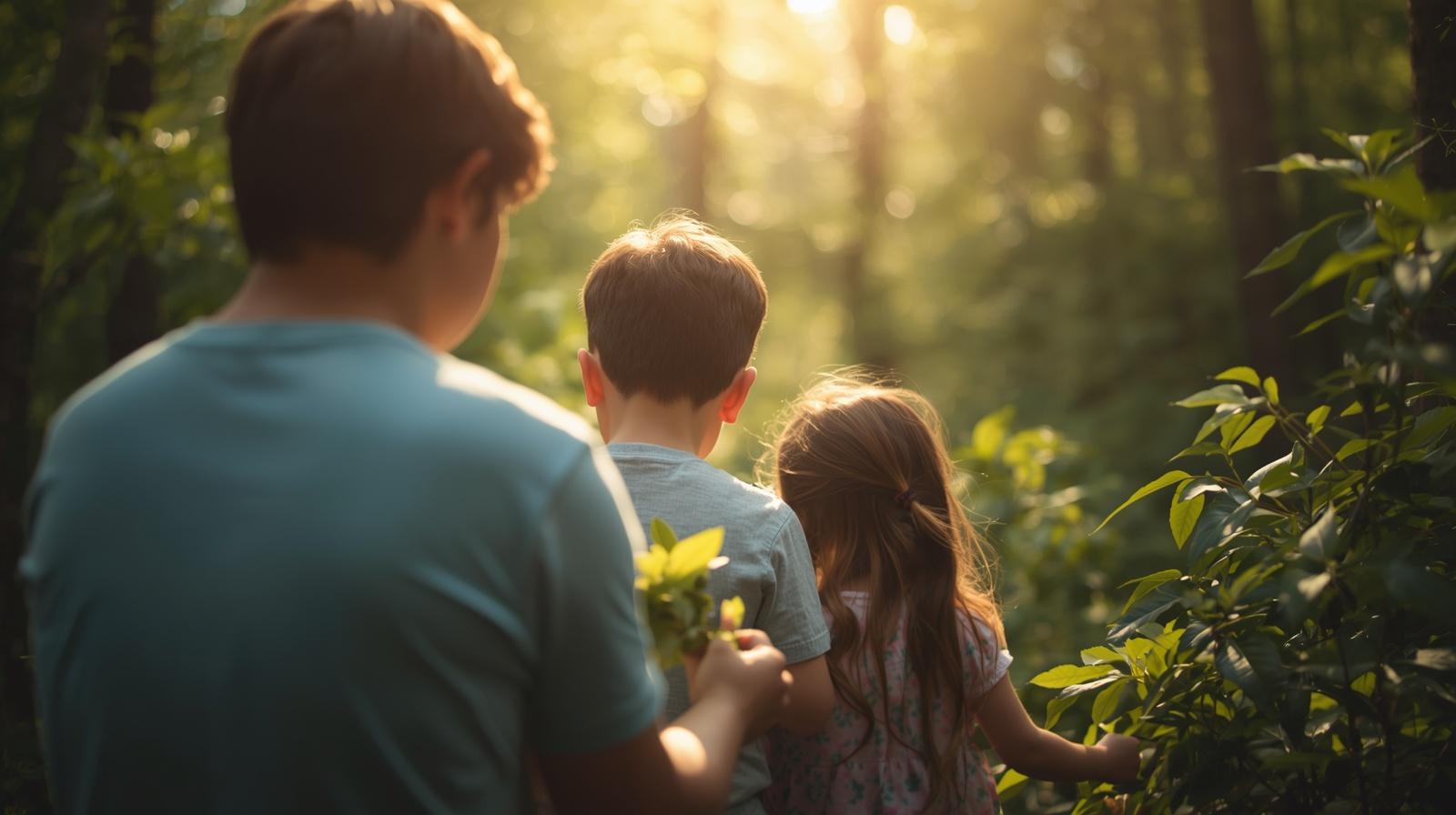 parent et enfant explorant des feuilles dans la nature