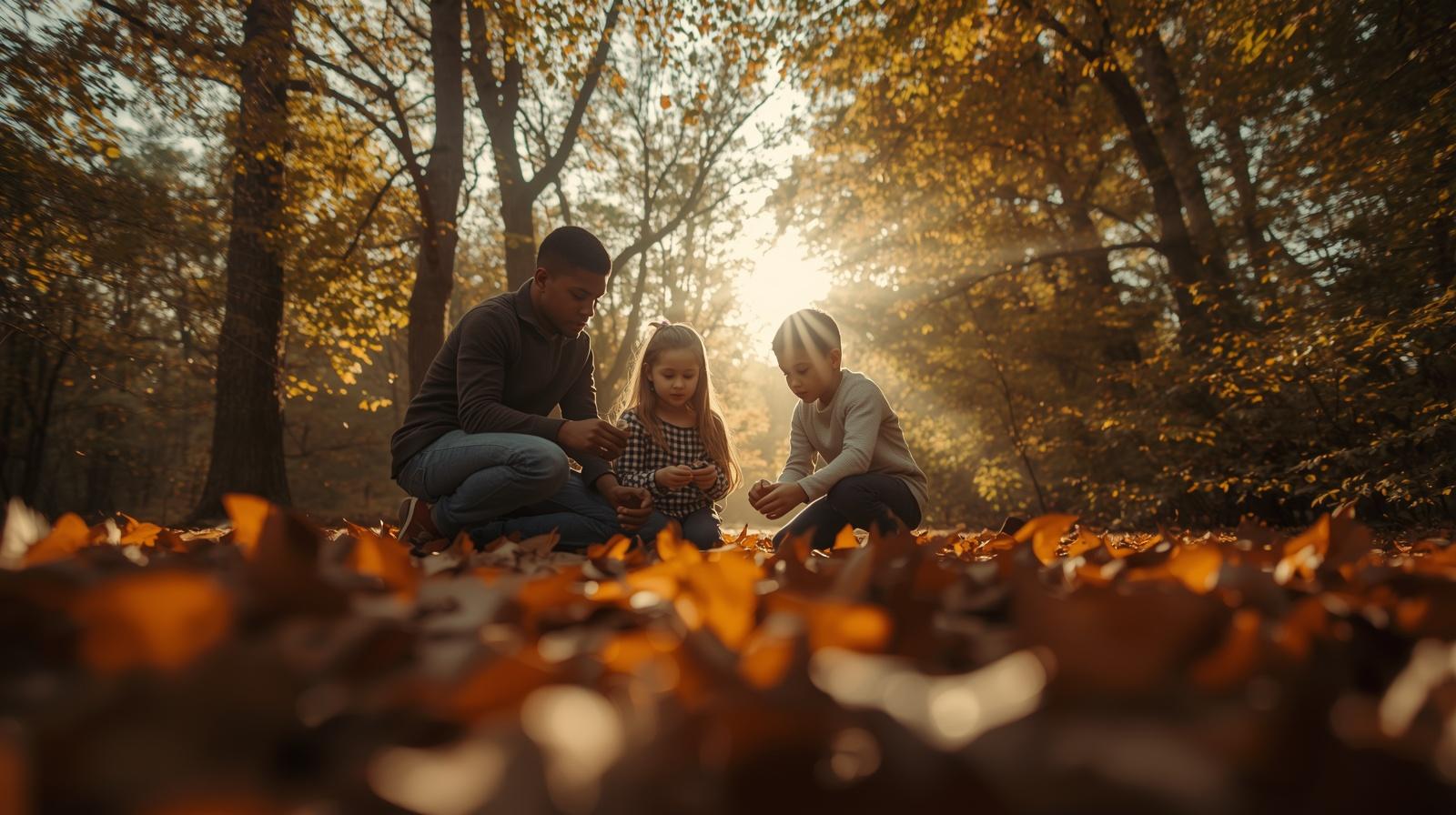 parent et enfant explorant des feuilles dans la nature