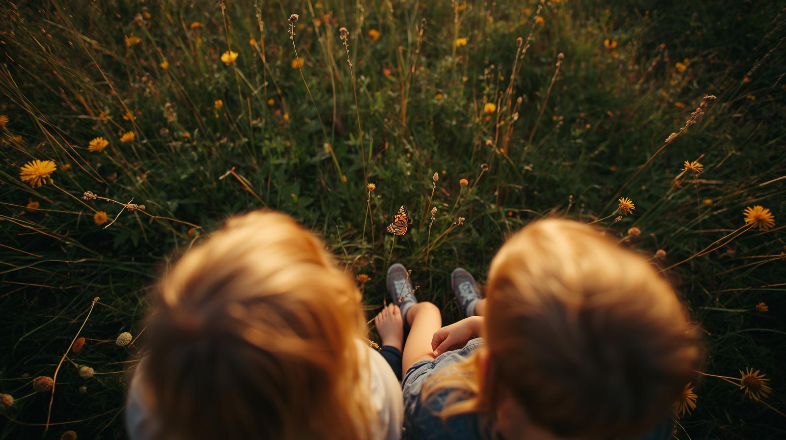 enfant concentré observant un papillon dans la nature