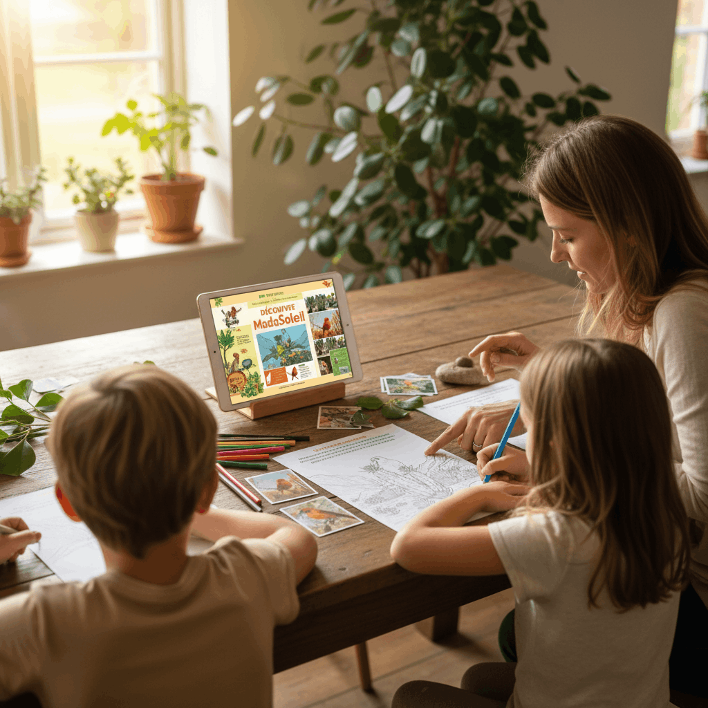 Une mère et ces deux enfants regardent un livre interactif.