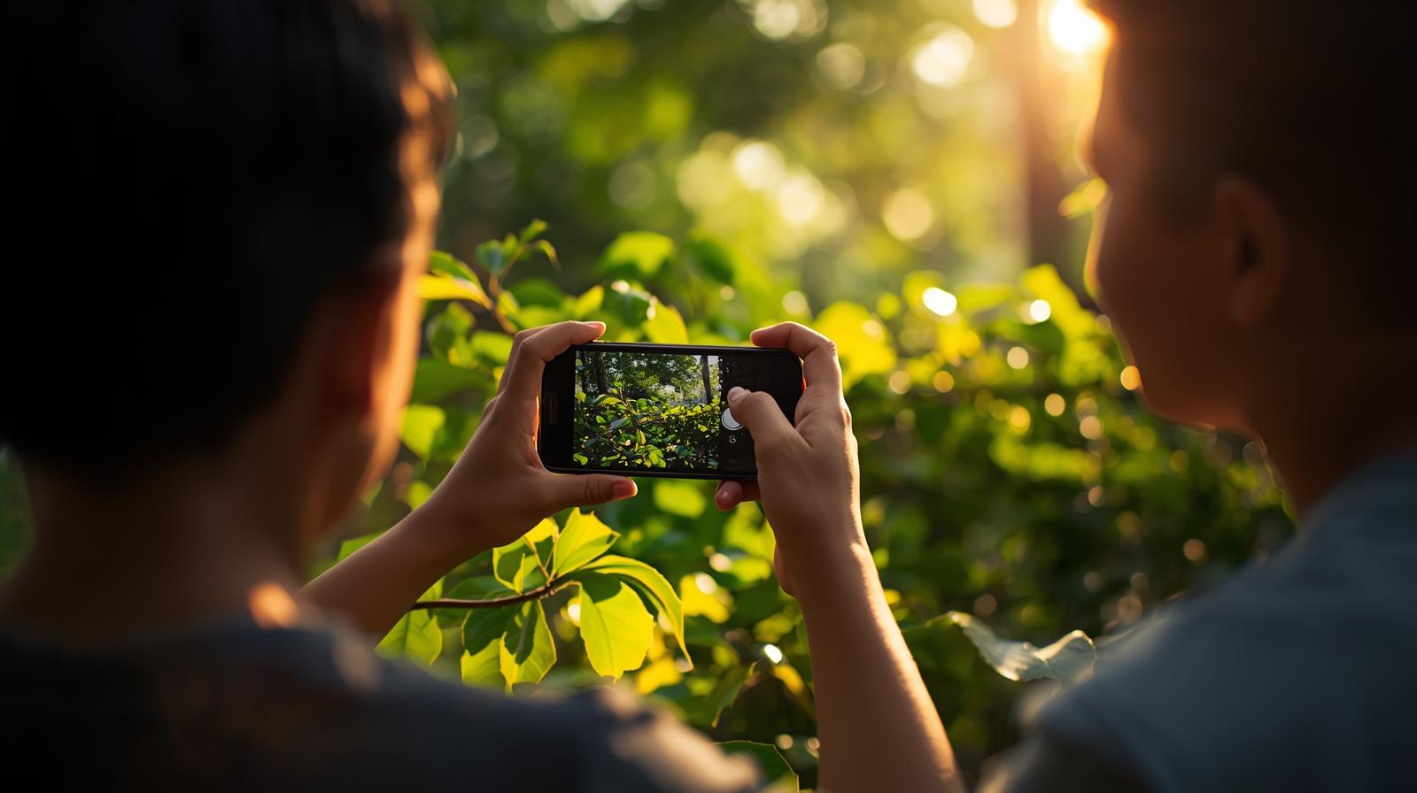 enfant photographiant une feuille dans la nature