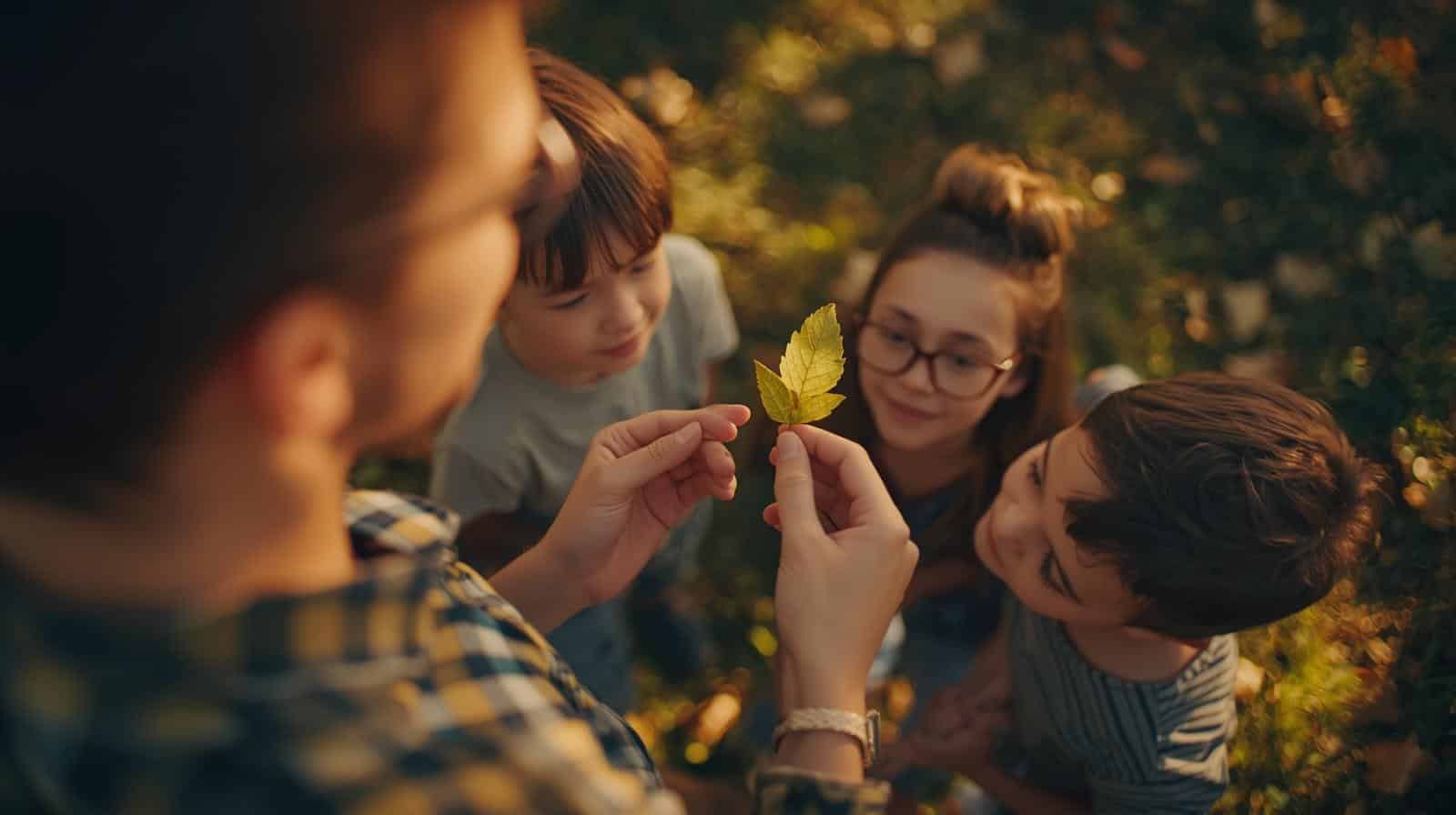 Enfant découvrant une plante qui pousse entre les pavés