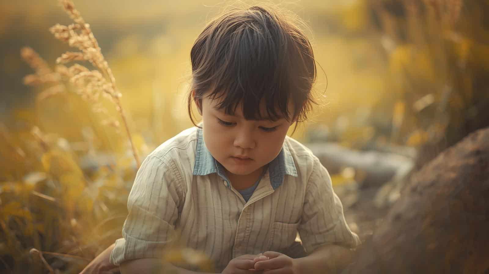enfant observant une plante qui pousse sur un trottoir