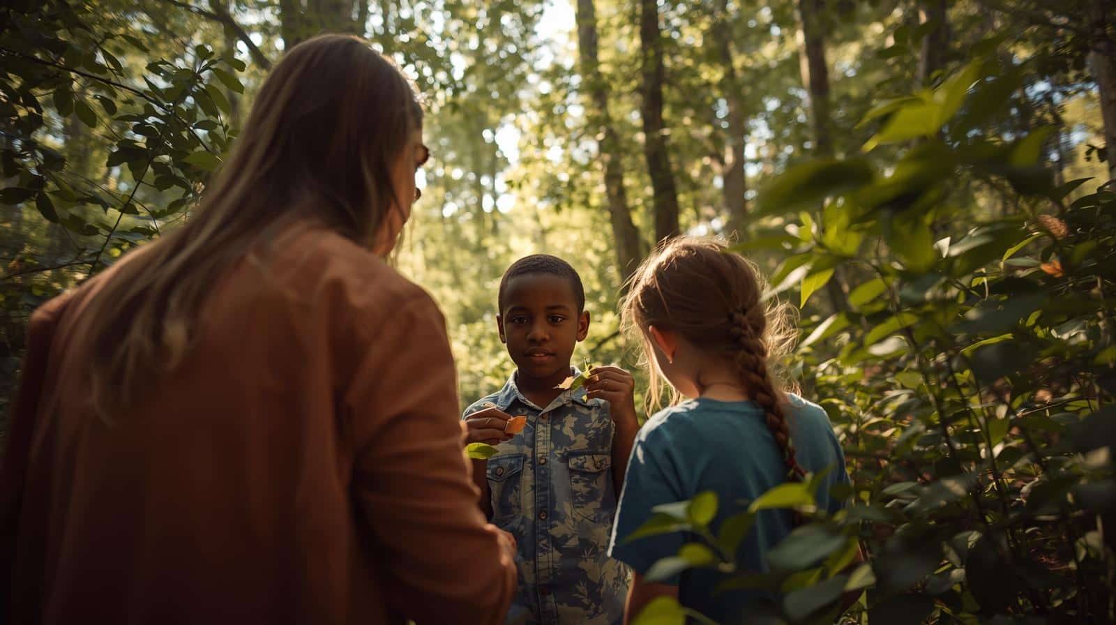 parent et enfant observant un arbre de près
