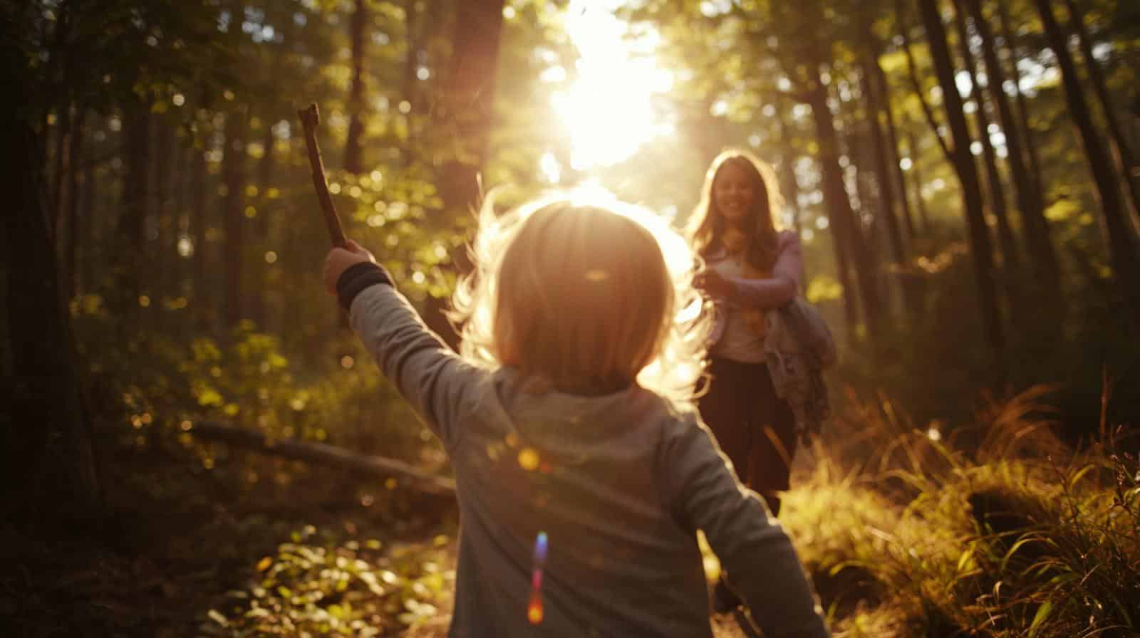 enfant ramassant des éléments naturels dans un parc