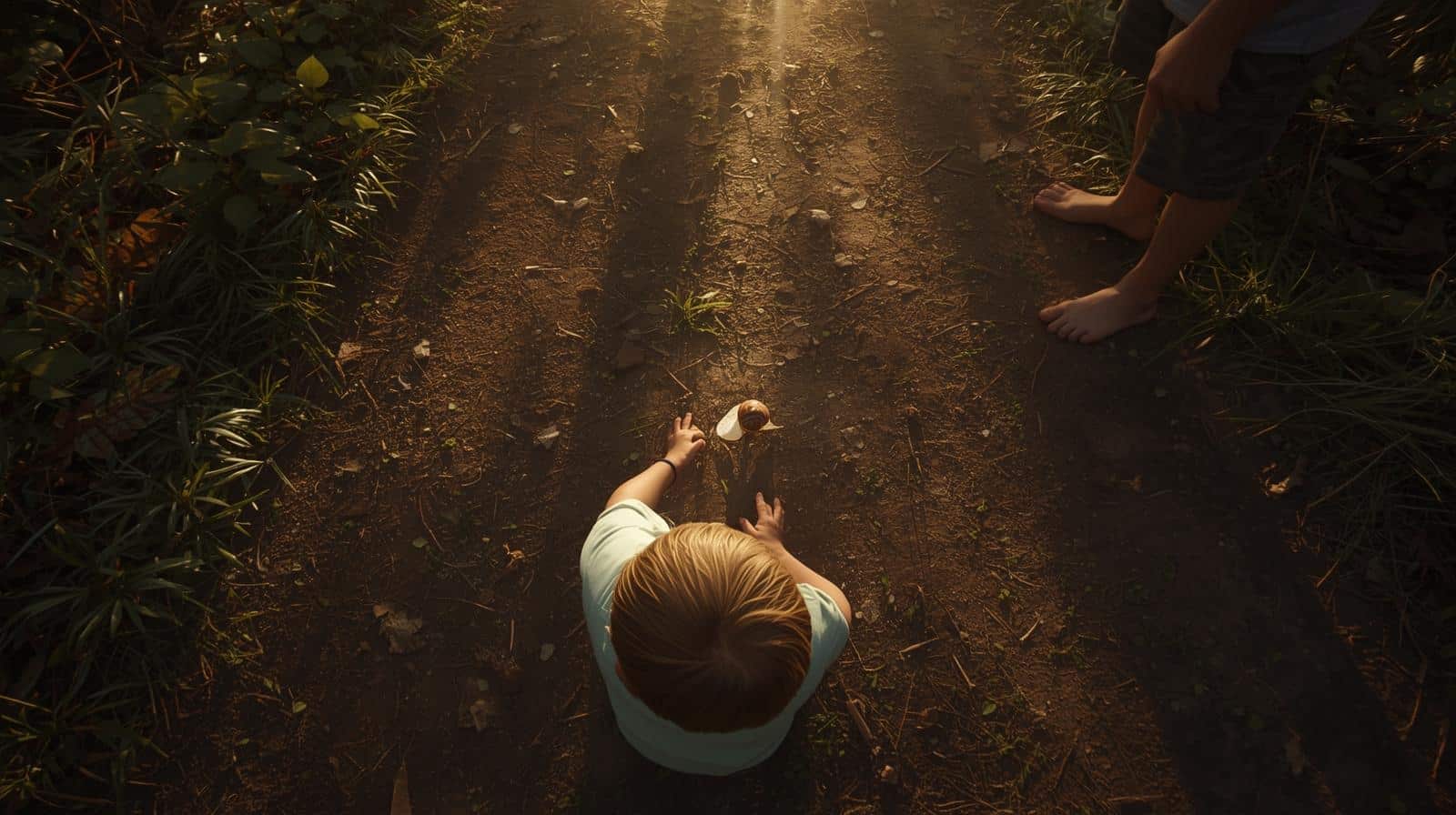 enfant ramassant des éléments naturels dans un parc