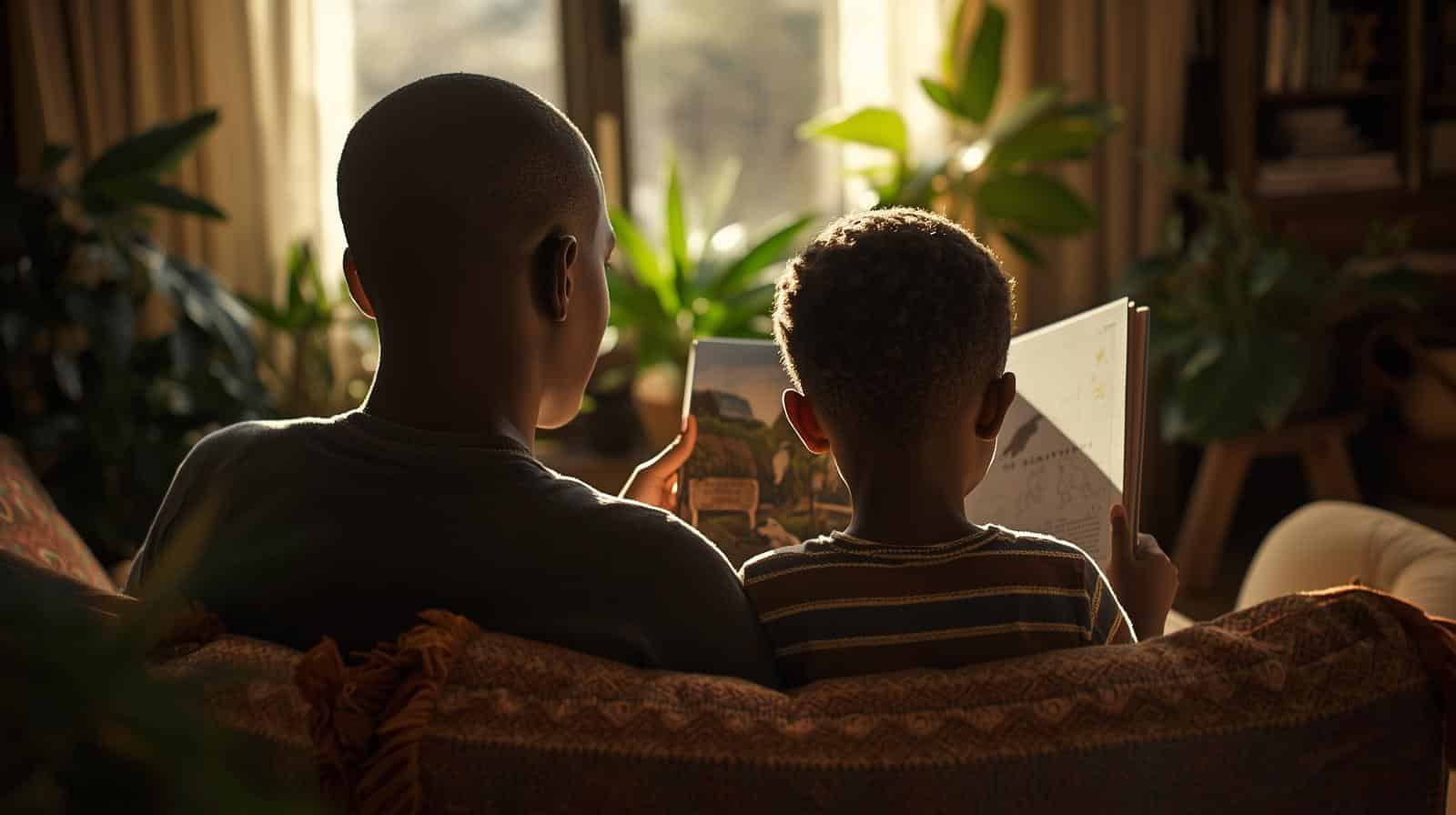 parent et enfant regardant un livre sur la nature ensemble