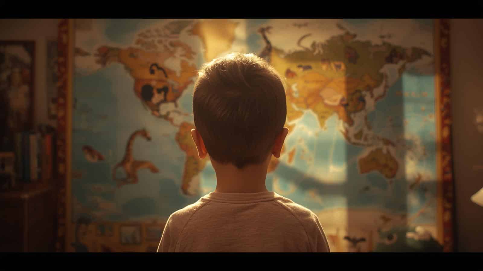 enfant observant une carte du monde