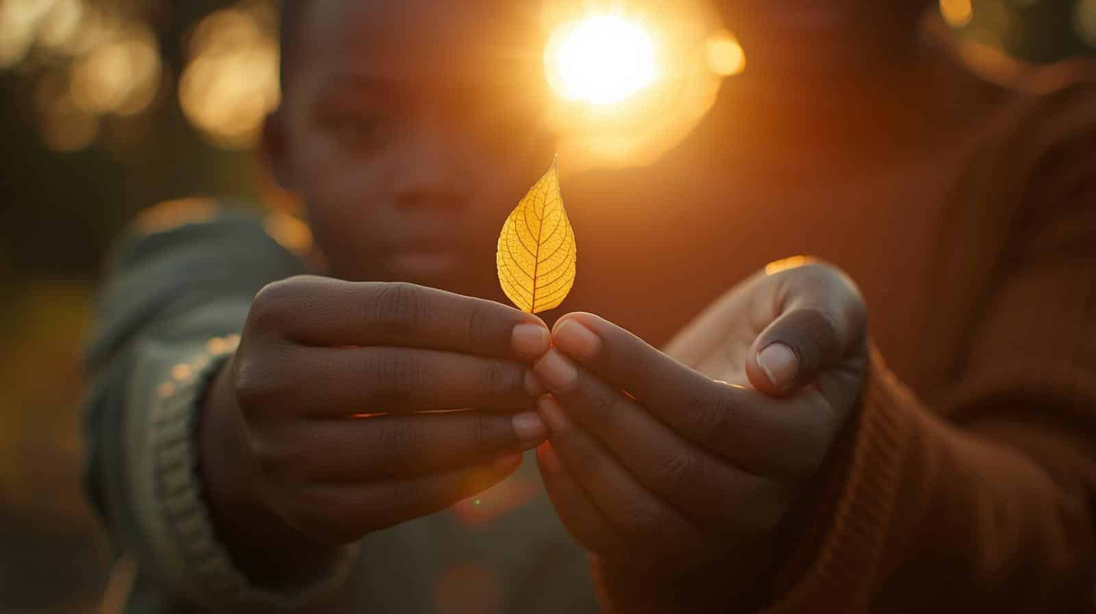 parent et enfant observant une feuille avec curiosité