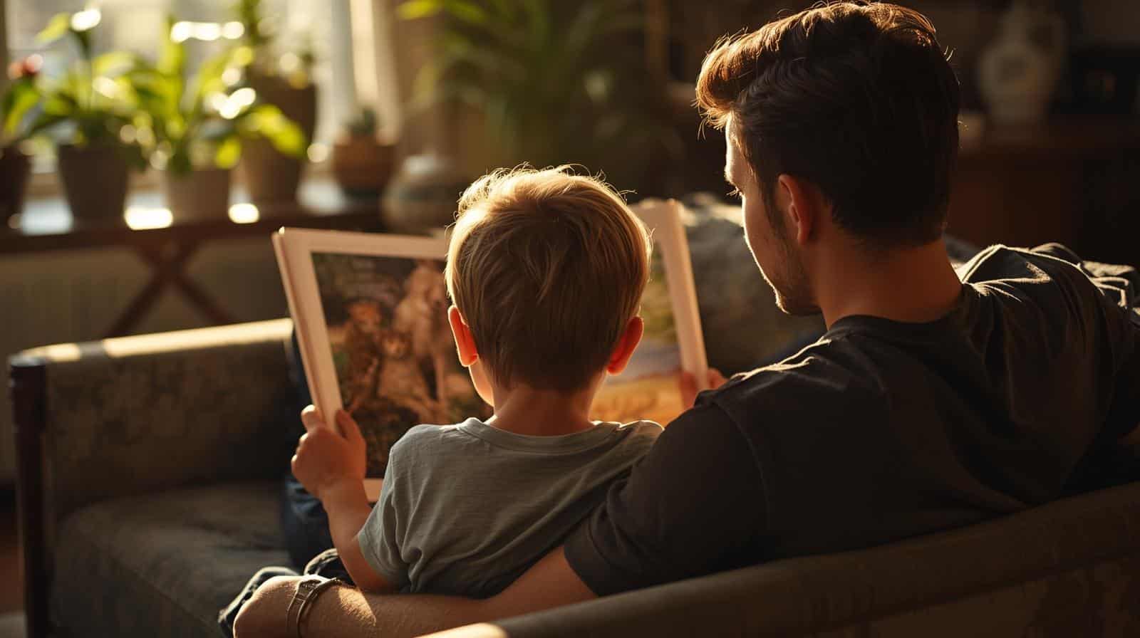 parent et enfant découvrant un livre sur les animaux menacés